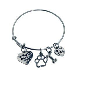 Silver Tone You Had Me At Woof And Love My Dog Charms Bangle Bracelet  (5501)